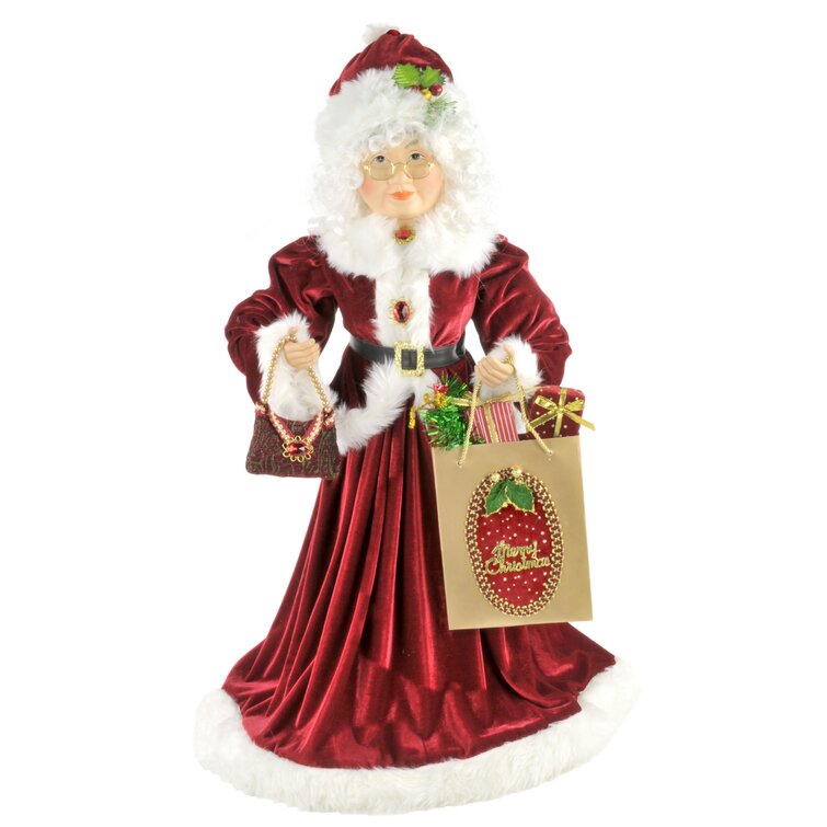 Fabric Standing Traditional Mrs. Claus Holding Shopping Bag